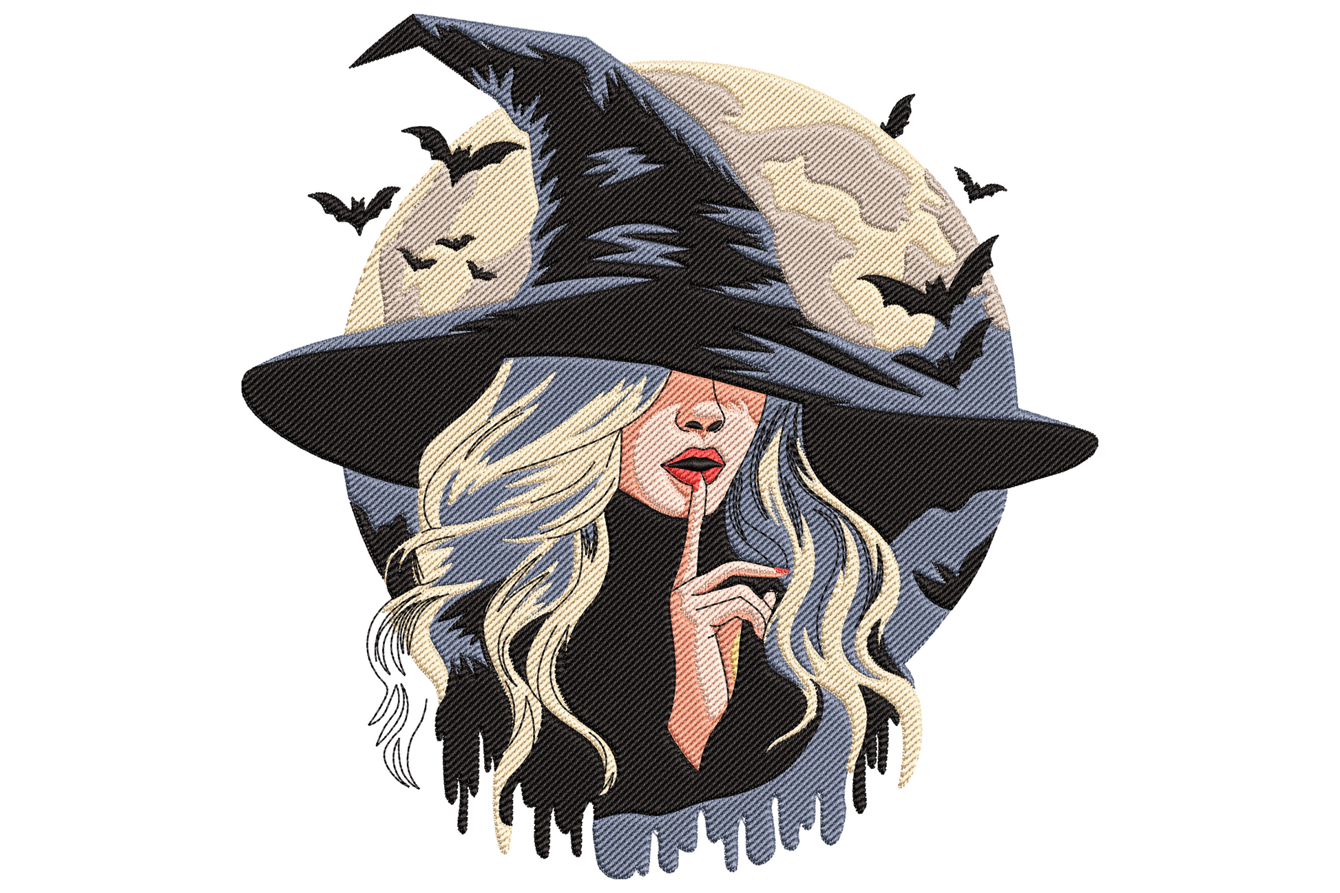 Mystic witch with black hat and blonde hair pressing finger to lips, full moon and bats behind, halloween embroidery design in black and cream.