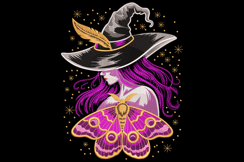 Mystic witch moth embroidery design with side-profile witch in wide brim hat, flowing magenta hair and large purple and gold moth below with constellation dots.