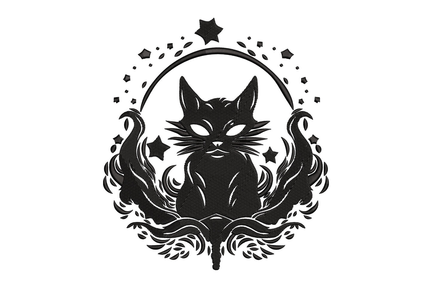 Gothic black cat embroidery, celestial moon and botanical blackwork, single colour, 5 sizes, cat machine embroidery