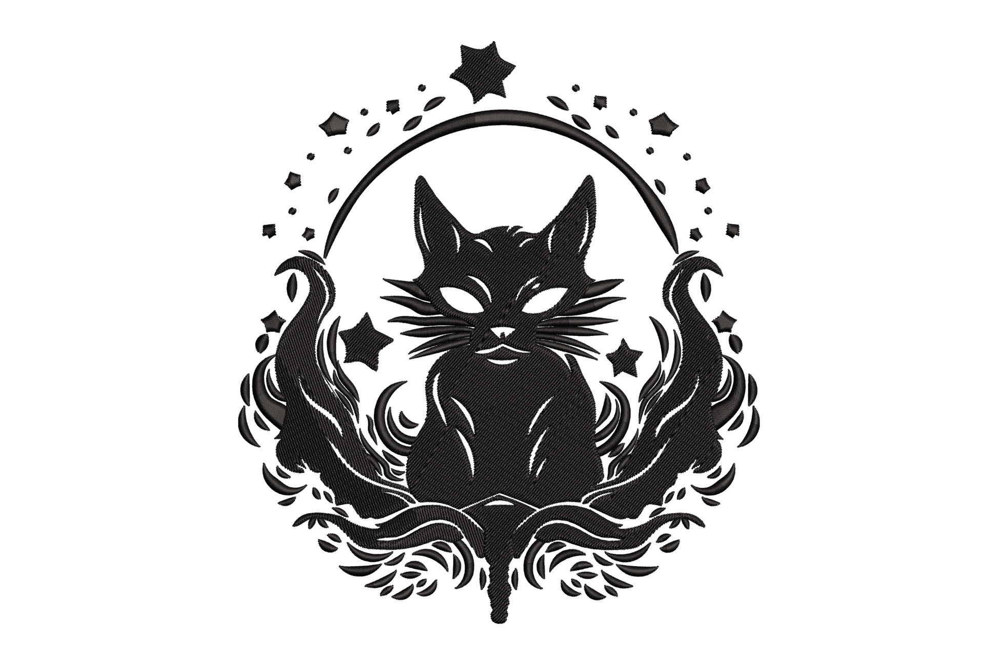 Gothic black cat embroidery, celestial moon and botanical blackwork, single colour, 5 sizes, cat machine embroidery