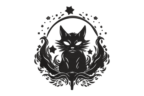 Gothic black cat embroidery, celestial moon and botanical blackwork, single colour, 5 sizes, cat machine embroidery