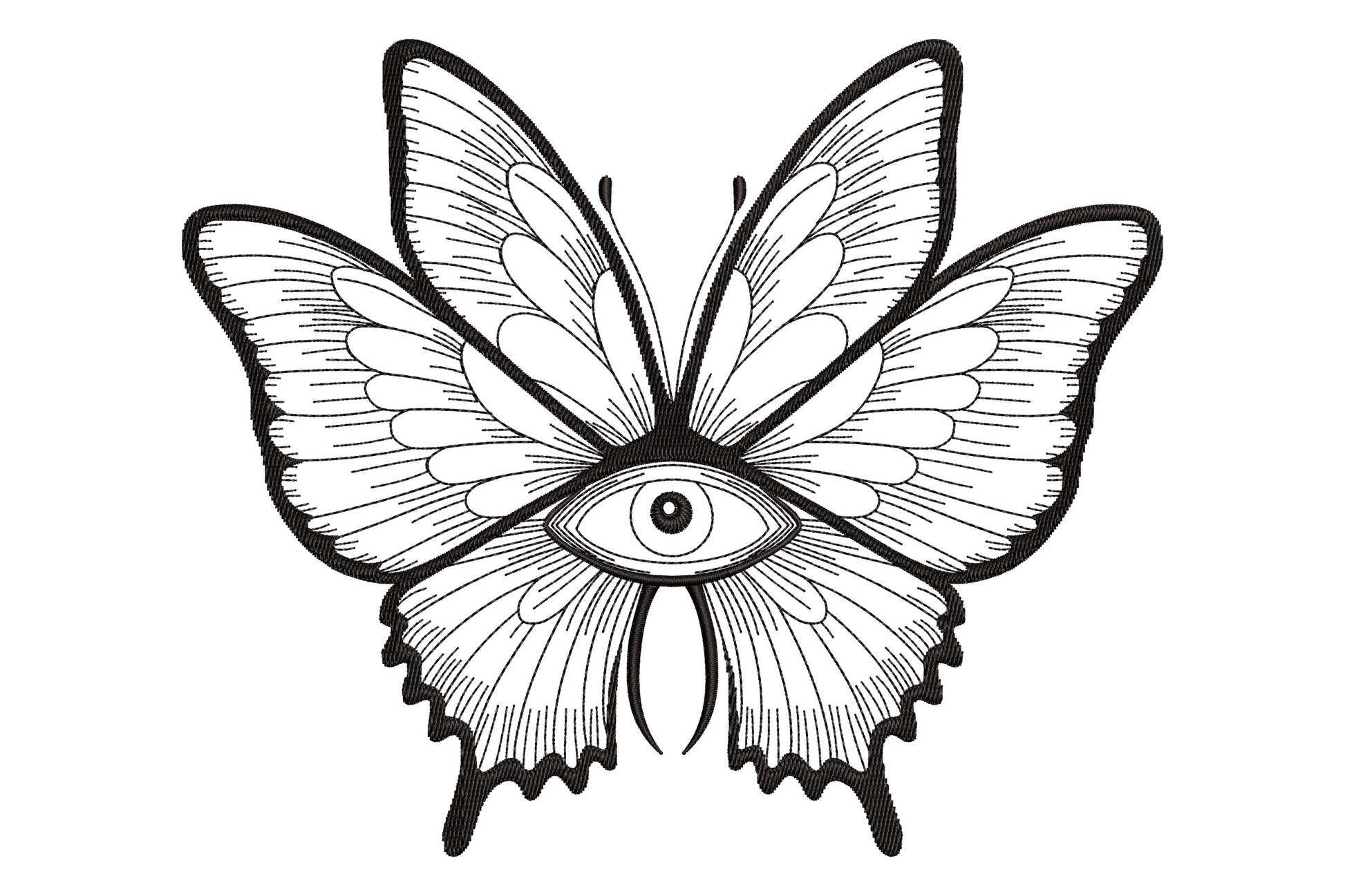 Mystical butterfly embroidery design with all-seeing eye at center, fine black tattoo-style linework on white, 9 sizes.
