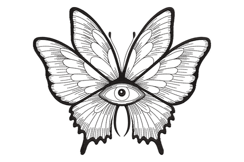 Mystical butterfly embroidery design with all-seeing eye at center, fine black tattoo-style linework on white, 9 sizes.