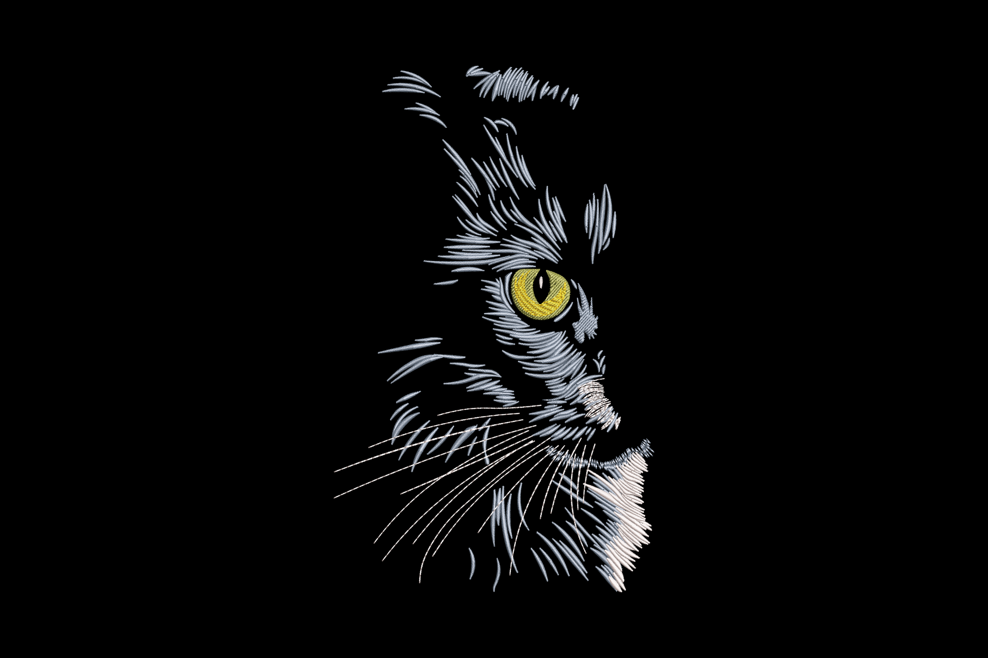 Mystical cat half face embroidery design with blue-grey fur, directional whisker strokes, and glowing olive-gold eye