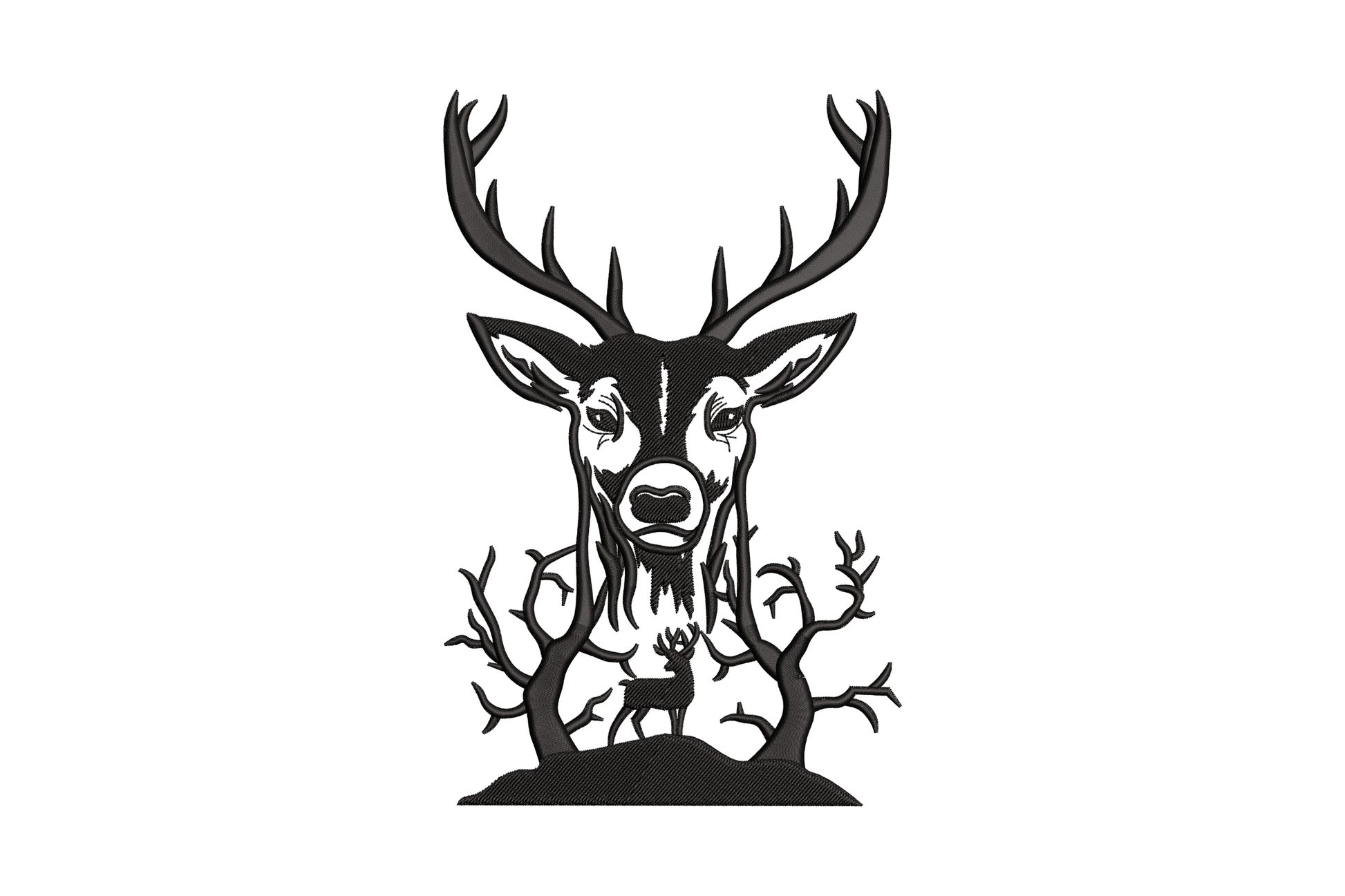 Black silhouette embroidery of a stag head with wide antlers rising from gnarled bare tree roots, mystical woodland wildlife design on white background