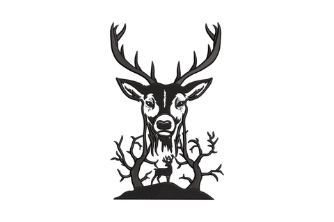 Black silhouette embroidery of a stag head with wide antlers rising from gnarled bare tree roots, mystical woodland wildlife design on white background