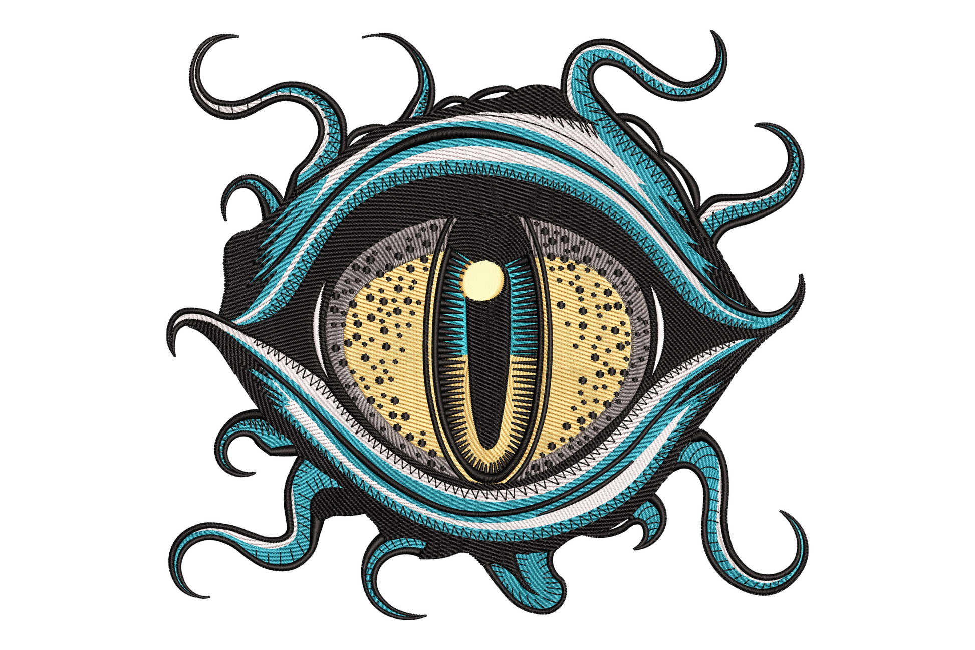 Mystical dragon eye machine embroidery design, emerald iris with jet pupil and crimson scales on charcoal hoodie