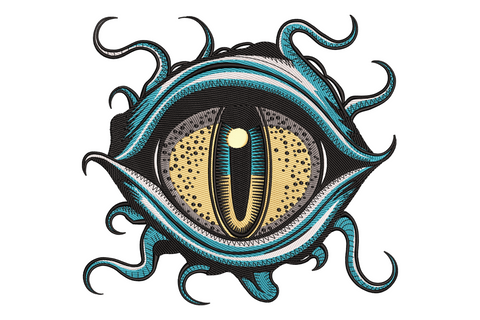 Mystical dragon eye machine embroidery design, emerald iris with jet pupil and crimson scales on charcoal hoodie