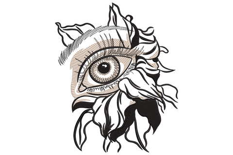 Mystical floral eye embroidery design with botanical petals, fine-line crosshatch shading and curling lashes on cream background.