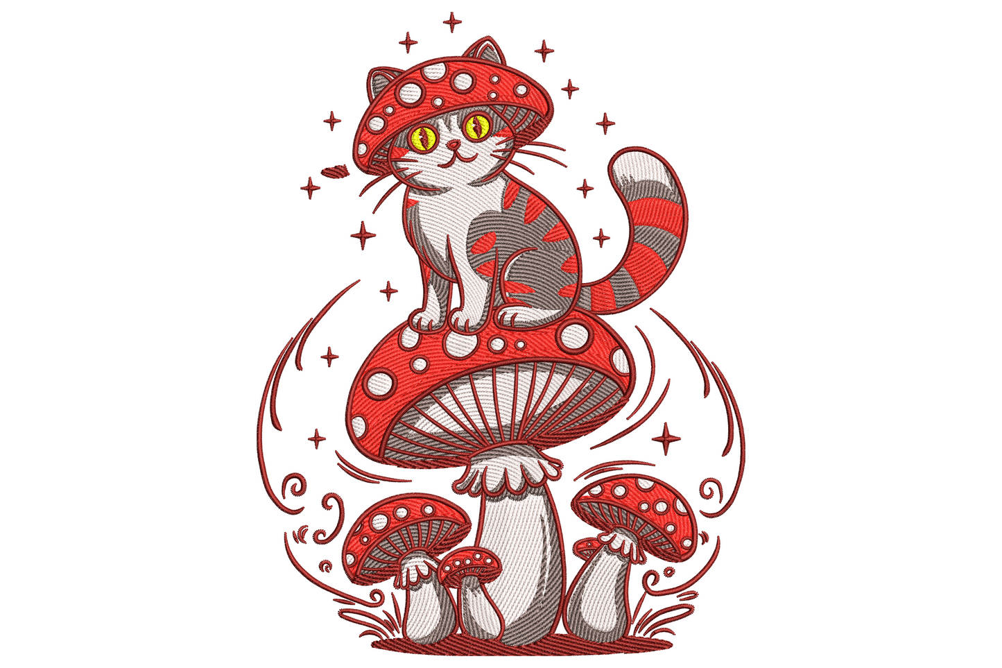 Mystical mushroom cat embroidery, grey tabby cat on red fly agaric mushroom wearing mushroom hat, sparkle stars, bold red and white design.