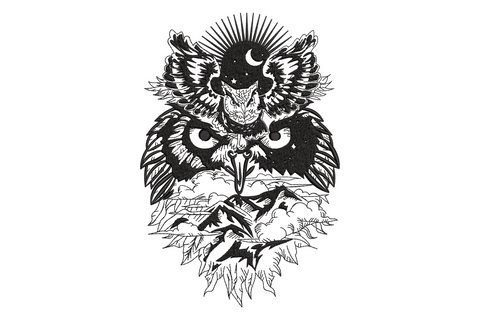 Mystical night owl embroidery design, face-forward owl with spread wings crescent moon and stars, solid black 1 color, 5 sizes up to 7.5 inches
