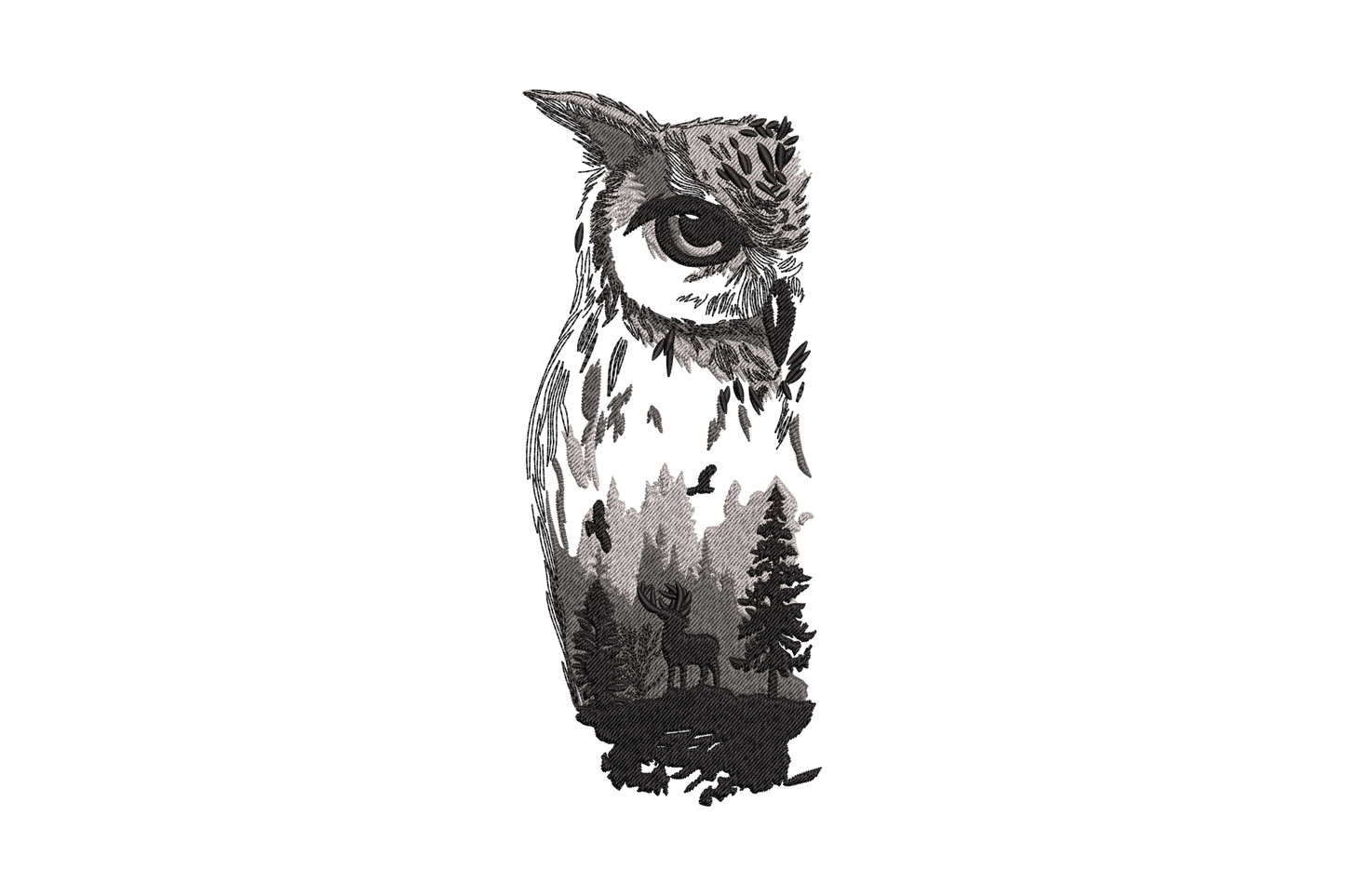 Mystical owl forest silhouette embroidery design, double-exposure owl with pine trees inside body, 3-color grey monochrome woodland