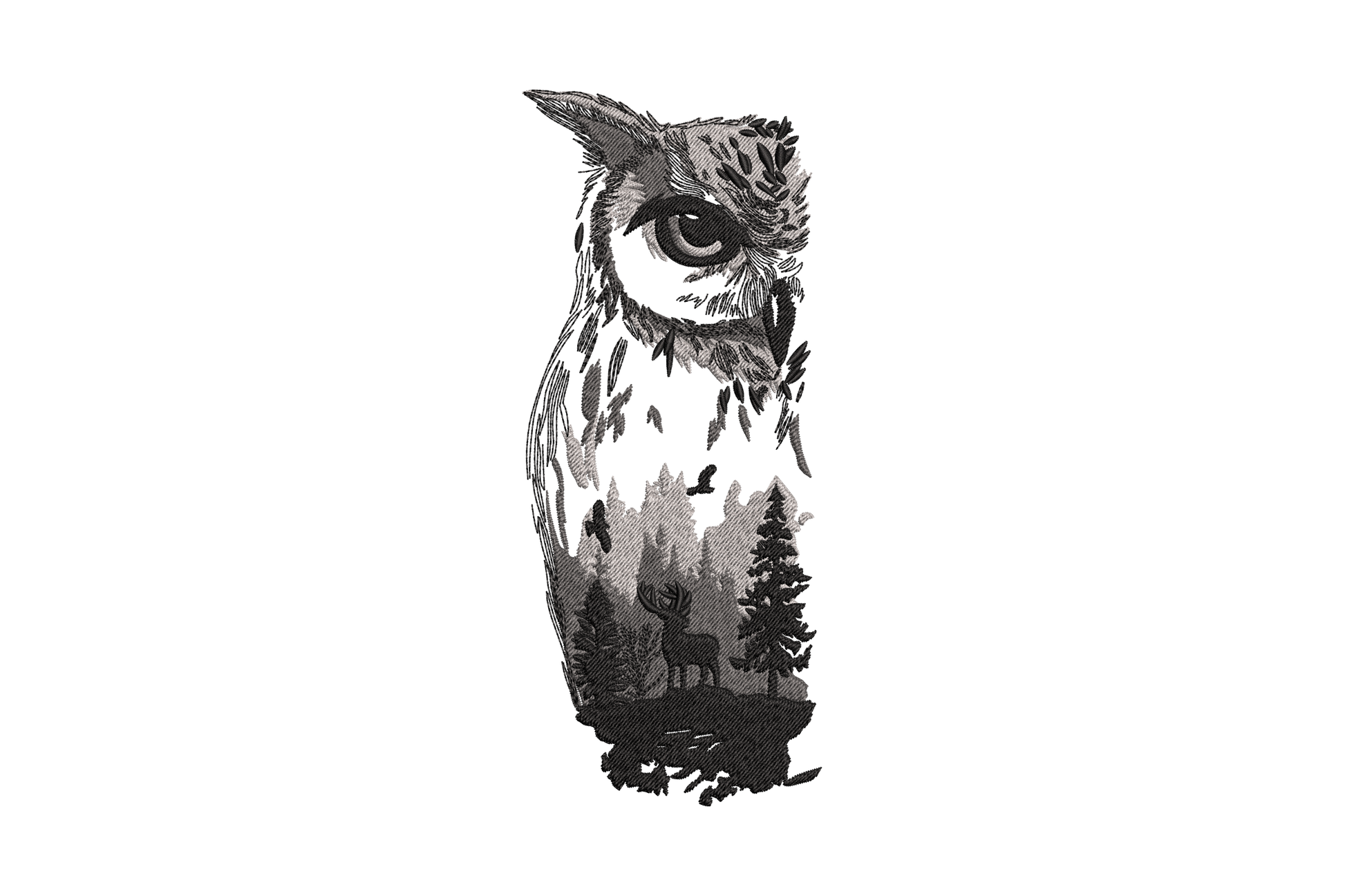 Mystical owl forest silhouette embroidery design, double-exposure owl with pine trees inside body, 3-color grey monochrome woodland