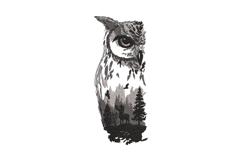 Mystical owl forest silhouette embroidery design, double-exposure owl with pine trees inside body, 3-color grey monochrome woodland