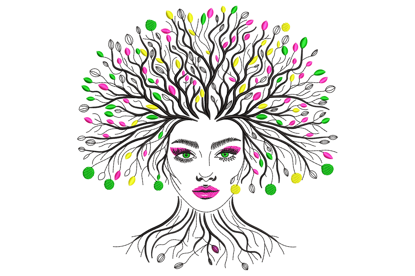 Mystical tree woman embroidery design, face with dramatic eyes and bare tree branches for hair, coloured leaf buds in pink, green and yellow.