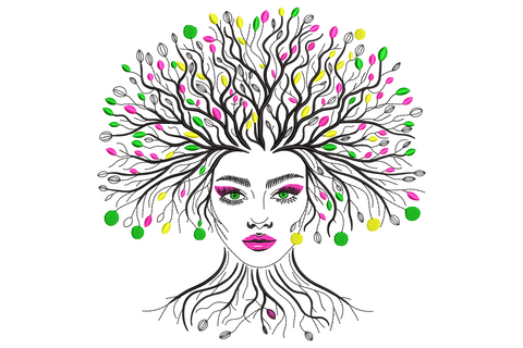 Mystical tree woman embroidery design, face with dramatic eyes and bare tree branches for hair, coloured leaf buds in pink, green and yellow.