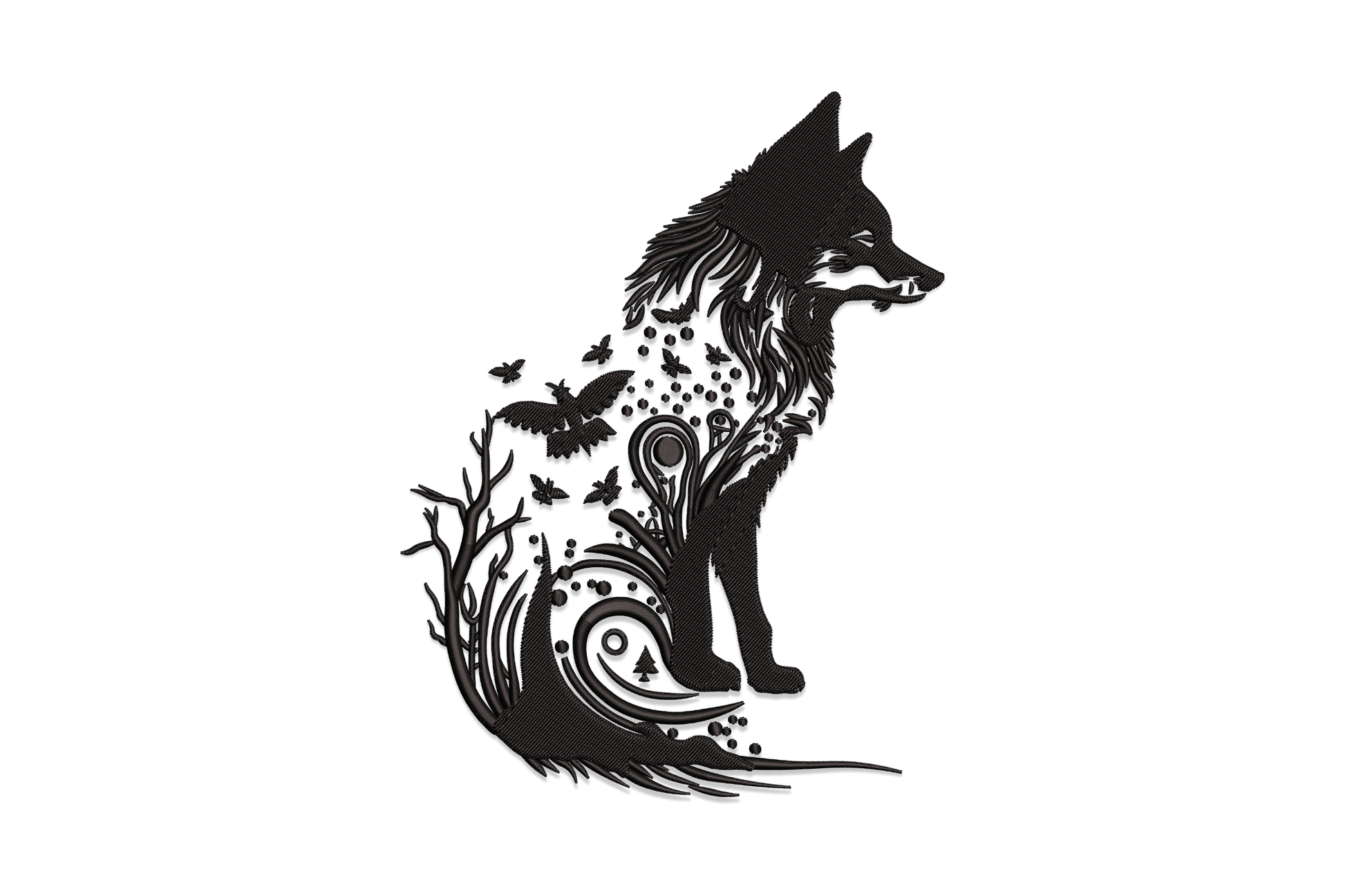 Mystical wolf embroidery silhouette in solid black with forest branches, butterflies and swirl elements inside the body.
