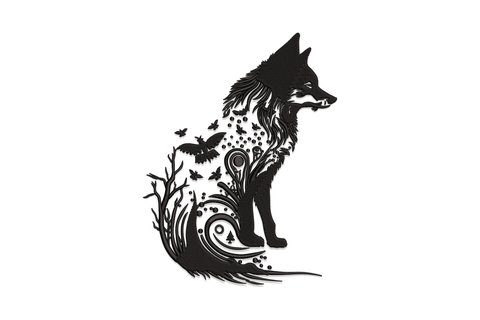 Mystical wolf embroidery silhouette in solid black with forest branches, butterflies and swirl elements inside the body.