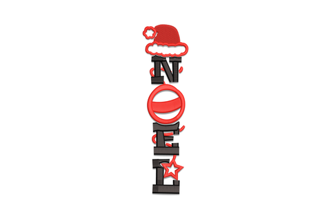 NOEL vertical christmas embroidery with Santa hat, bold black letters, red bauble ornament and star, dark red and black