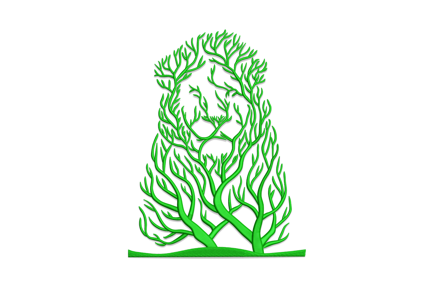 Nature forest tree embroidery design in dark green showing dense branching woodland silhouette on white background.