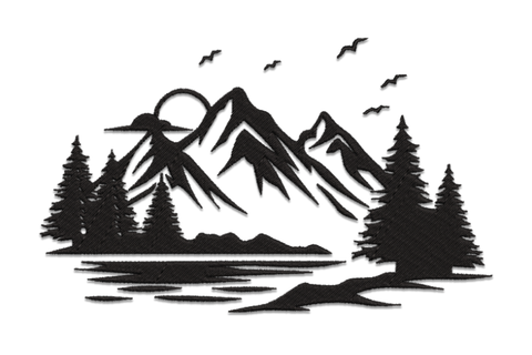 Mountain with pine trees embroidery, single-colour layered silhouette of pine foreground and mountain peaks, portrait format.