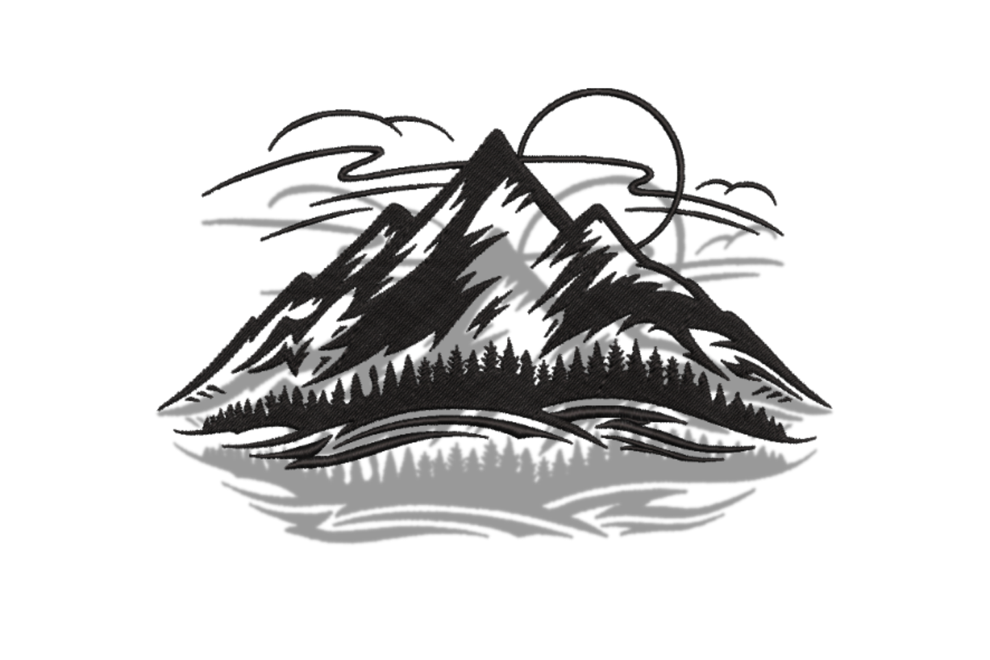 Mountain scenic embroidery design with jagged peaks, pine tree ridge, sun circle and water reflection in single-colour dense black linework.