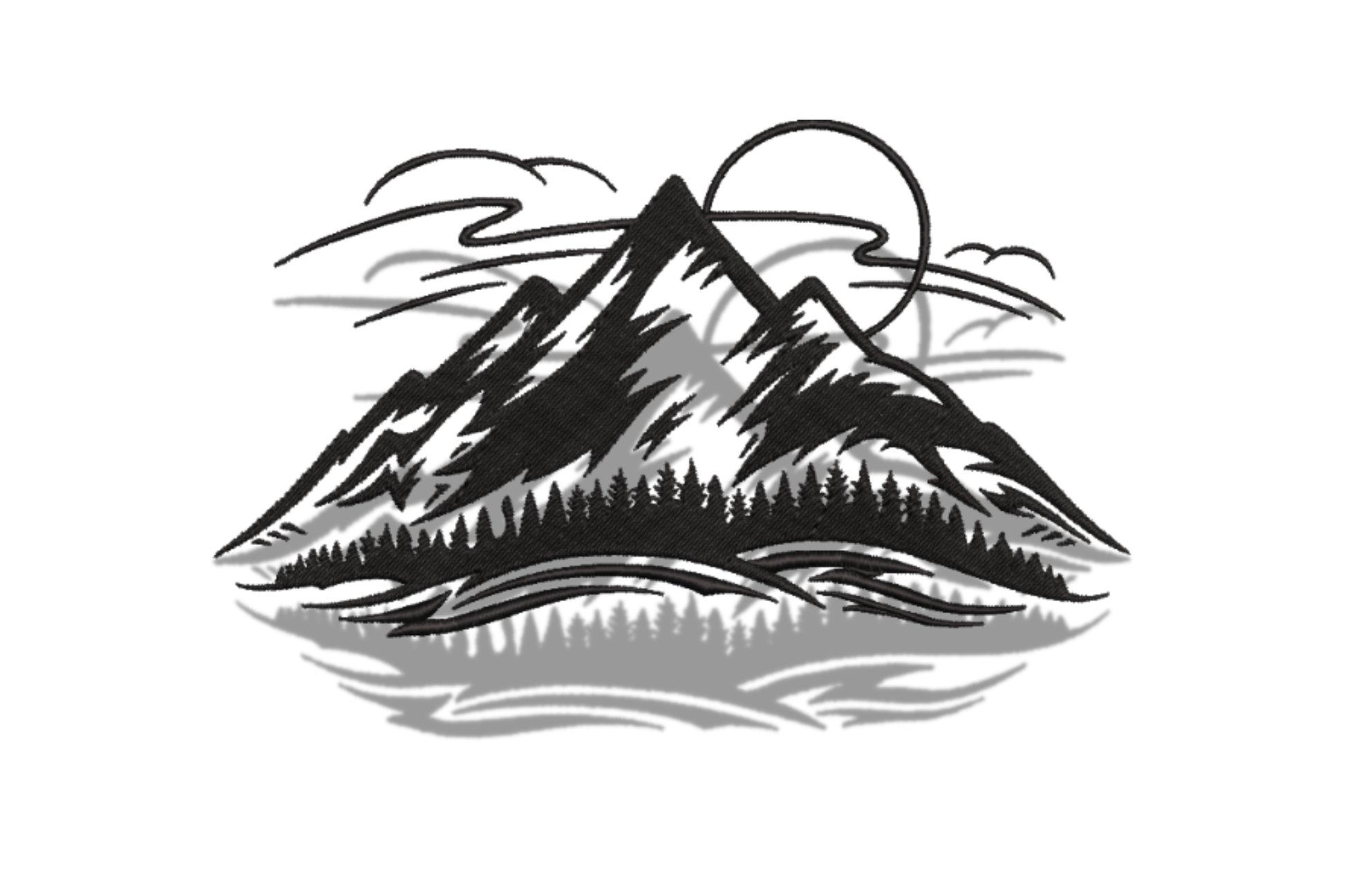 Mountain scenic embroidery design with jagged peaks, pine tree ridge, sun circle and water reflection in single-colour dense black linework.