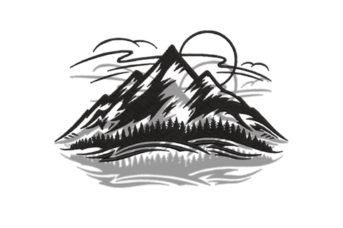 Mountain scenic embroidery design with jagged peaks, pine tree ridge, sun circle and water reflection in single-colour dense black linework.