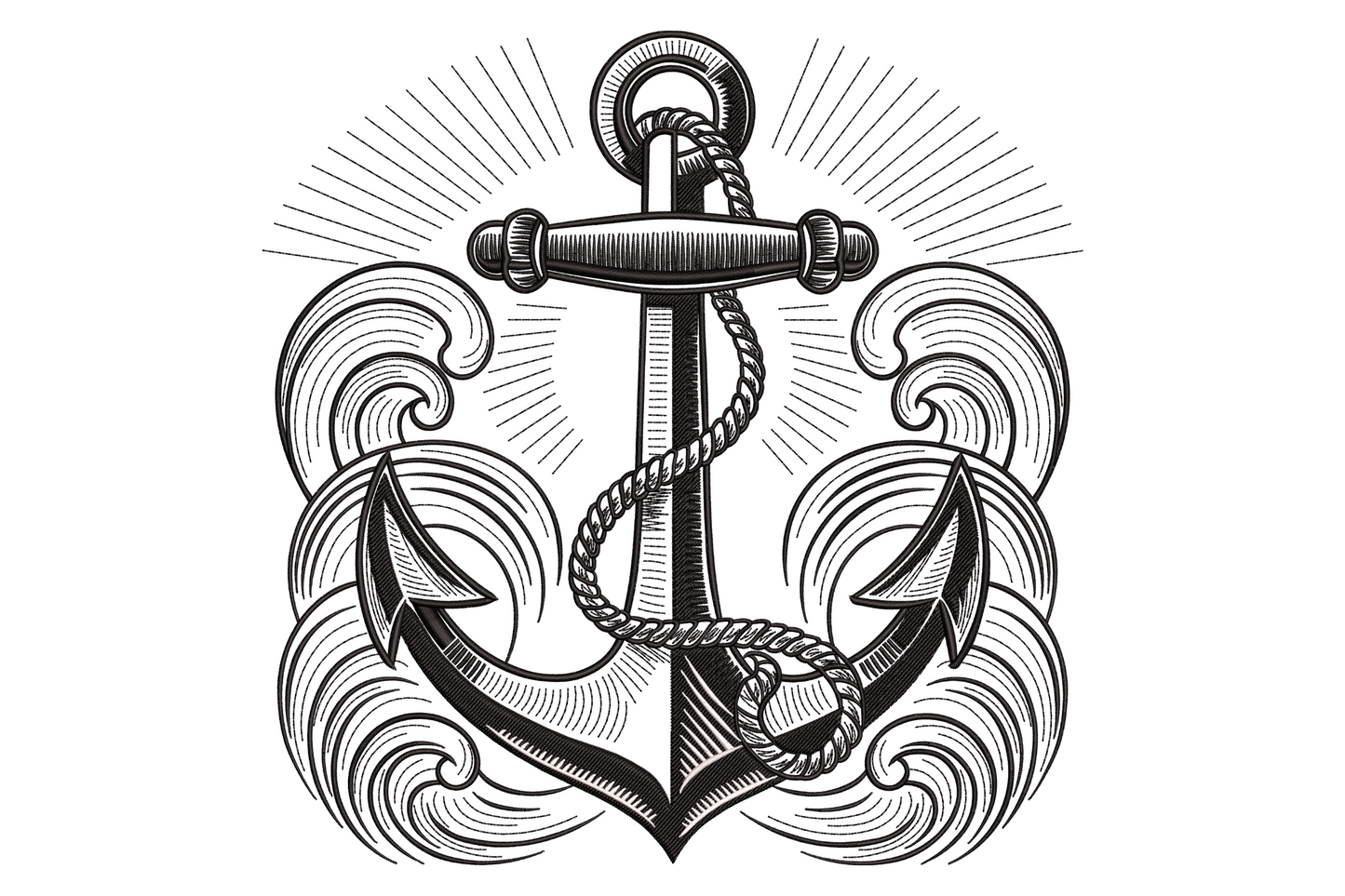 Nautical anchor machine embroidery design, two-colour classic maritime anchor with rope detail, solid satin fill, 4.42 inches wide