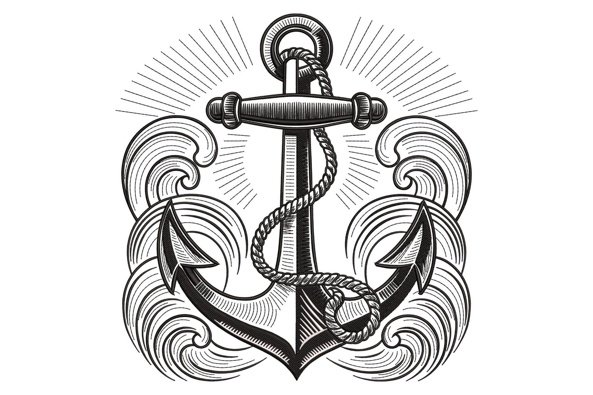 Nautical anchor machine embroidery design, two-colour classic maritime anchor with rope detail, solid satin fill, 4.42 inches wide