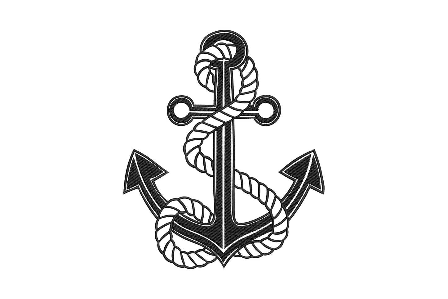 Nautical anchor with rope coiling around shaft embroidery design, dense directional fill stitching in black thread, sailor tattoo style
