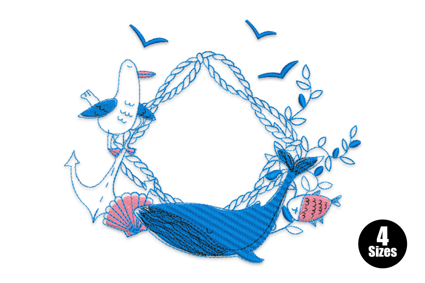 Nautical anchor wreath embroidery design with rope coils, sea greenery and coral sprigs in navy, tan, green and coral thread.