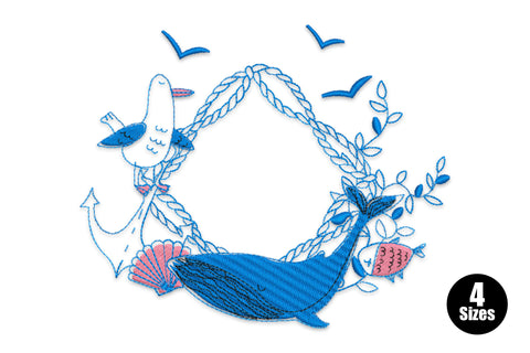 Nautical anchor wreath embroidery design with rope coils, sea greenery and coral sprigs in navy, tan, green and coral thread.