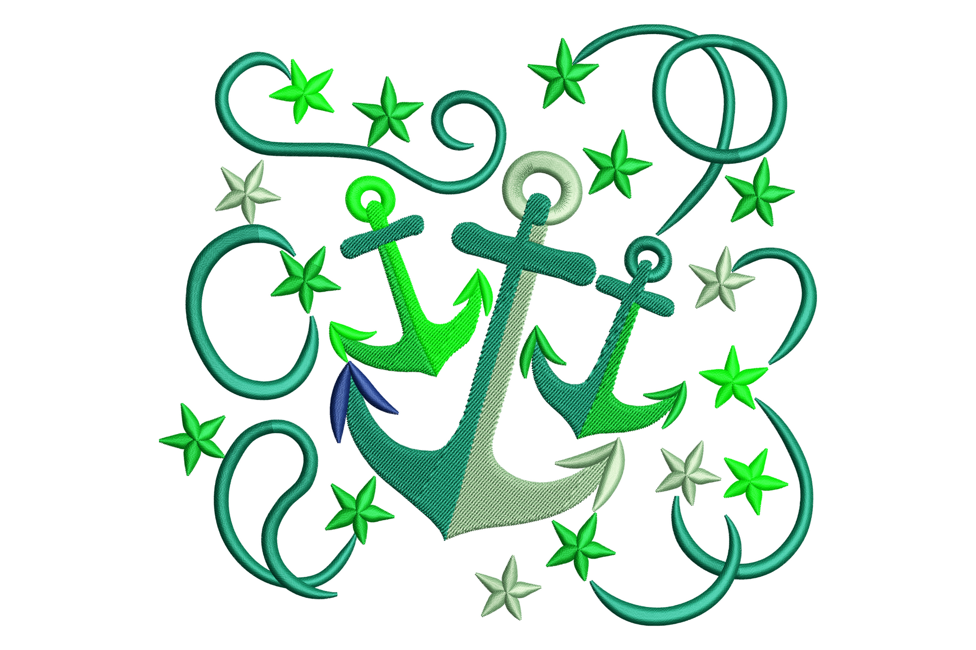 Twin embroidered anchors in lime green and deep teal with rope swirls and small starfish on white fabric