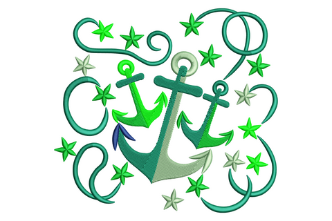 Twin embroidered anchors in lime green and deep teal with rope swirls and small starfish on white fabric