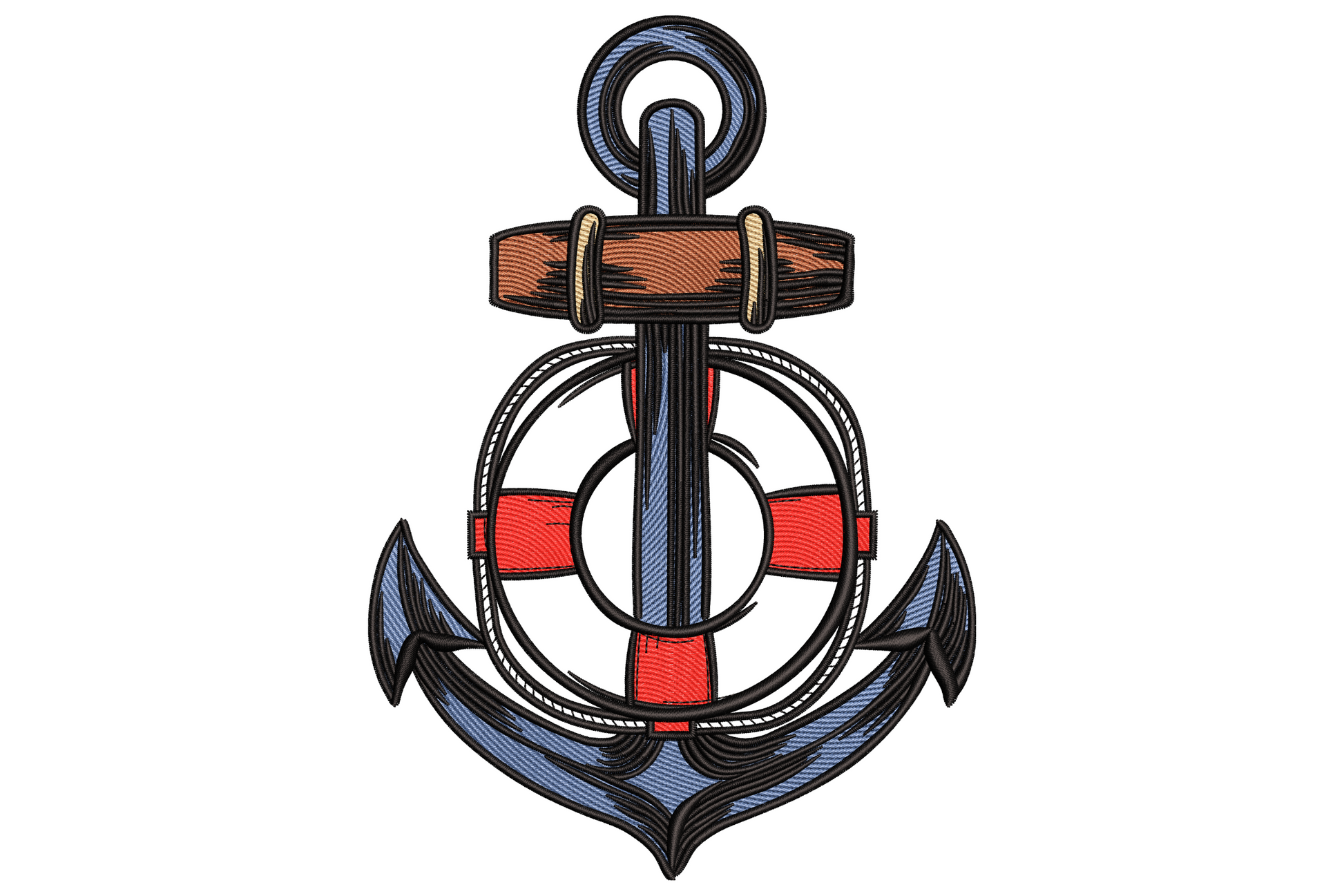 Nautical embroidery design of a navy anchor crossed behind a red and white quartered lifebuoy ring with cream rope wrapping the shank.