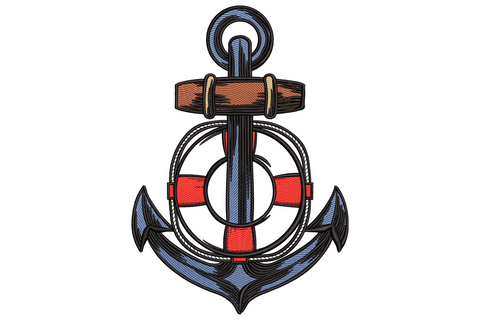 Nautical embroidery design of a navy anchor crossed behind a red and white quartered lifebuoy ring with cream rope wrapping the shank.