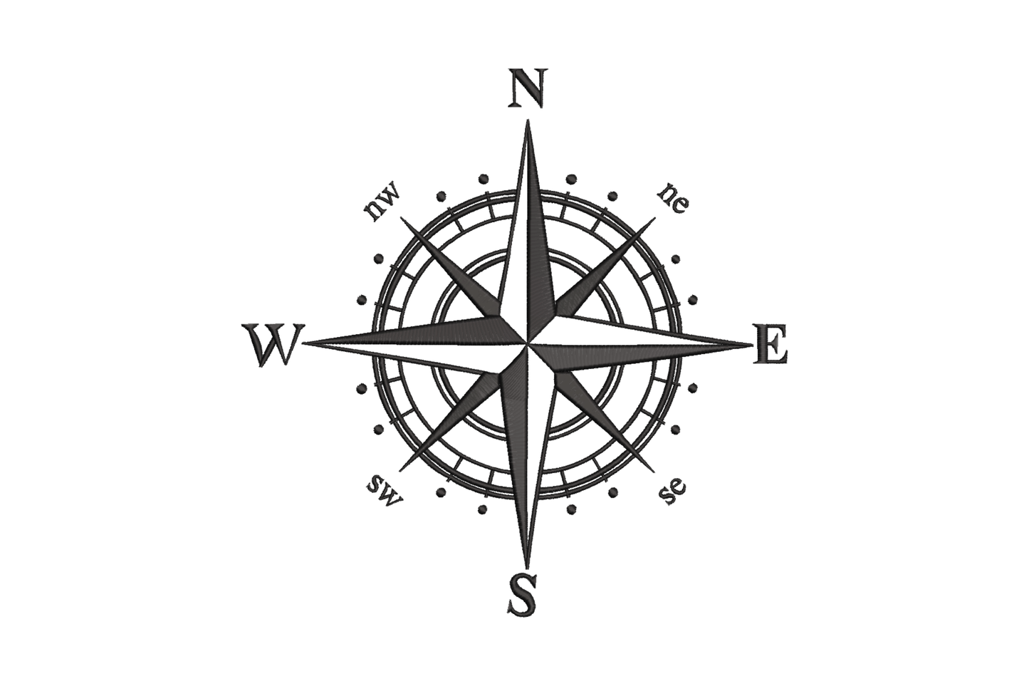 Nautical direction compass rose embroidery design in black, sharp 4-point star with N S E W cardinal markings and concentric rings, 7 sizes 4 to 10 inches