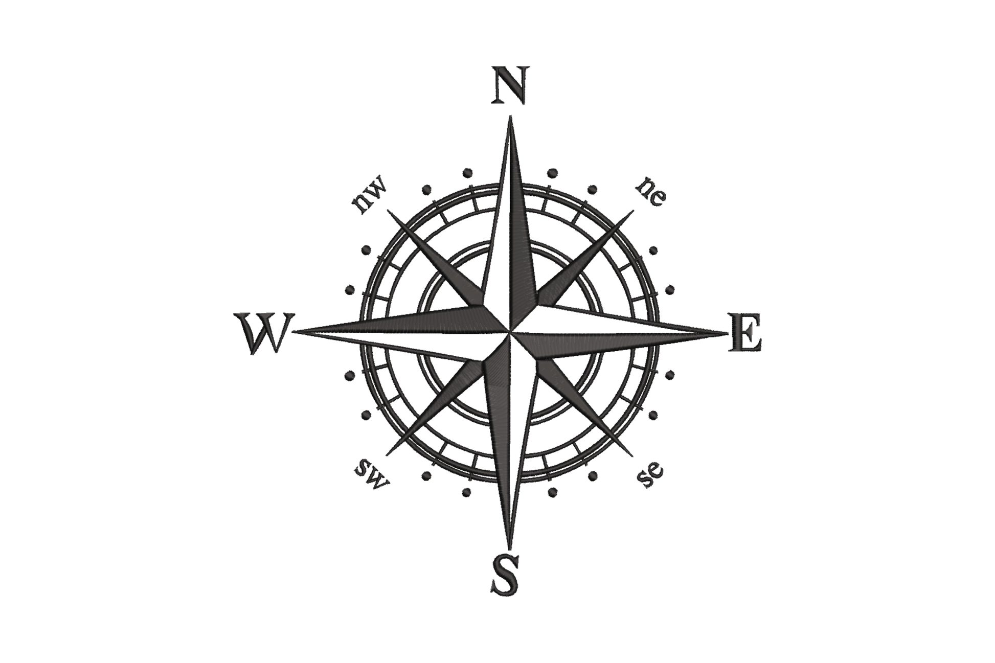 Nautical direction compass rose embroidery design in black, sharp 4-point star with N S E W cardinal markings and concentric rings, 7 sizes 4 to 10 inches