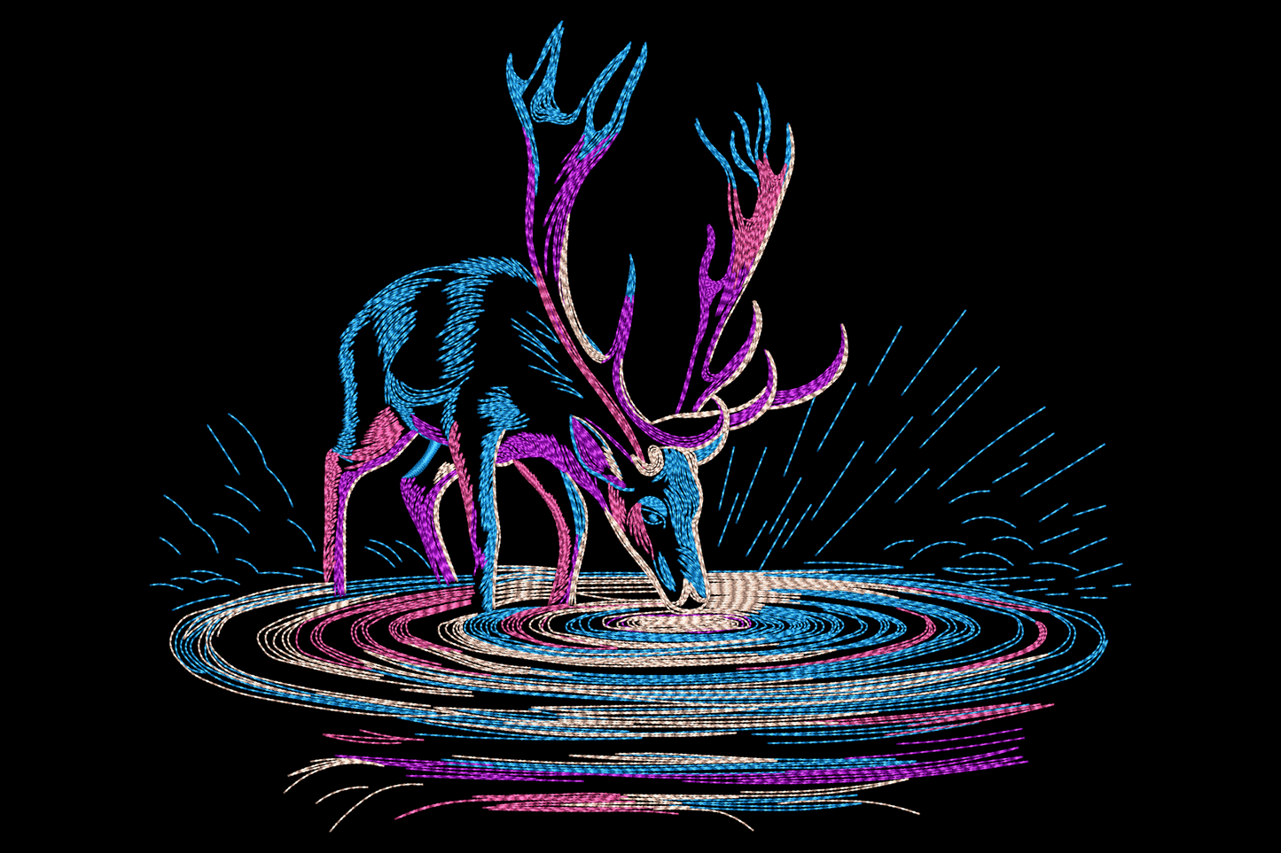 Neon deer embroidery showing a bull elk at a waterline against black, in electric blue, purple and gold.