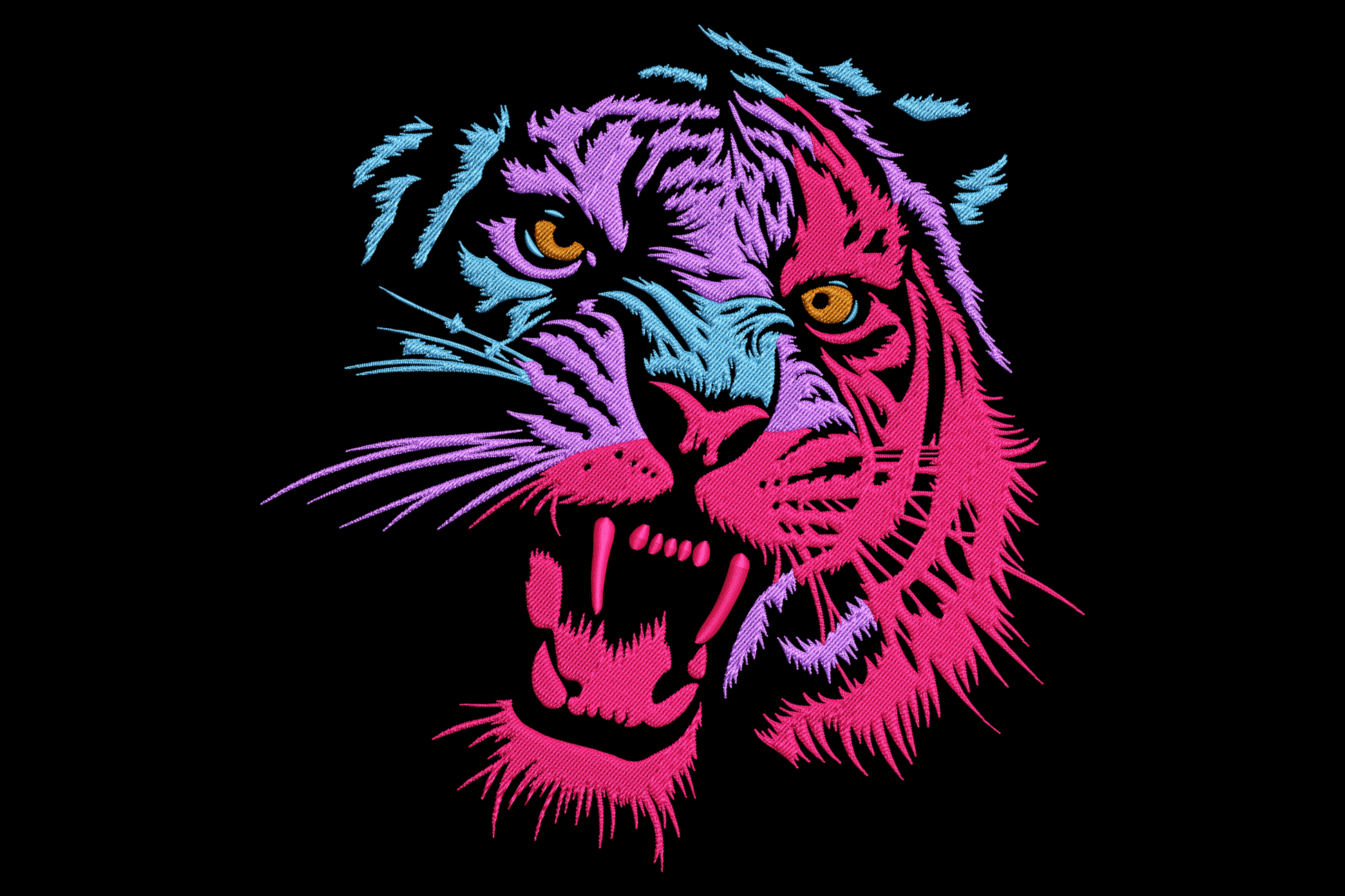 Neon tiger face embroidery in hot pink, electric purple and teal, roaring close-up with amber eyes on dark background.