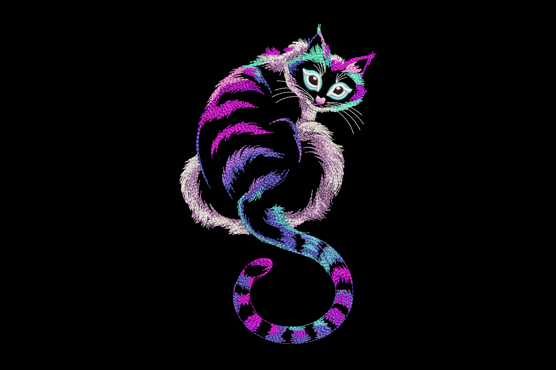 Neon whimsical cat embroidery design with a Cheshire-style seated cat in magenta, purple and teal stripes, white fringe outline and bright teal eyes on black.