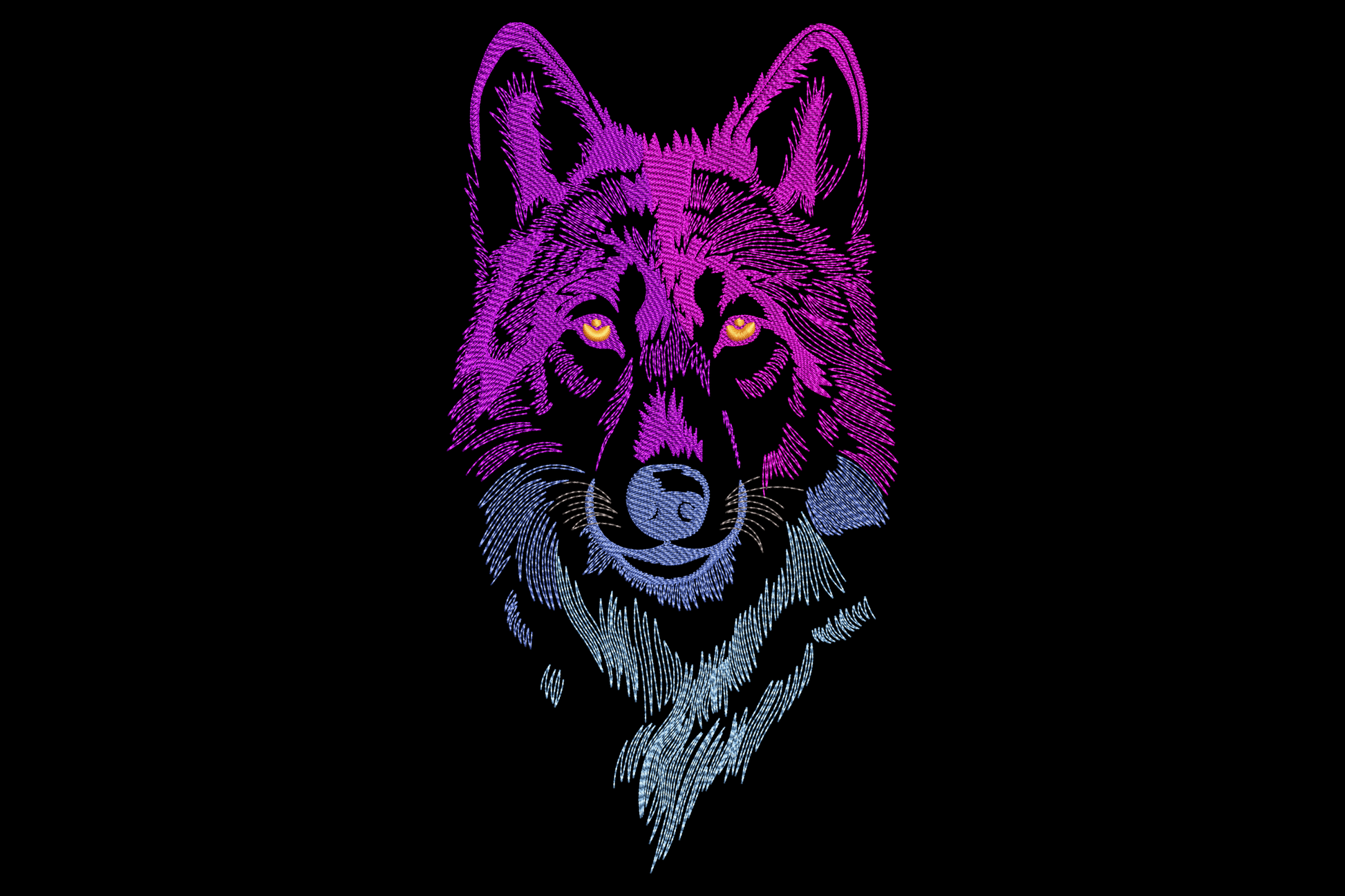 Neon wolf embroidery with vivid purple head, ice blue chest, glowing amber eyes on black fabric.