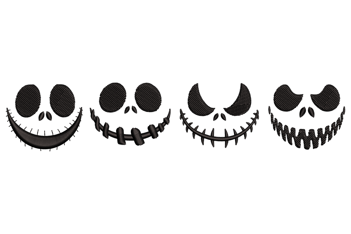 Nightmare skull face embroidery design showing a wide flat skull silhouette with hollow eye sockets and grinning teeth in solid black on white background.