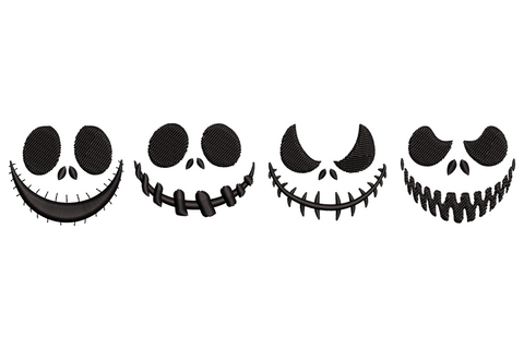 Nightmare skull face embroidery design showing a wide flat skull silhouette with hollow eye sockets and grinning teeth in solid black on white background.