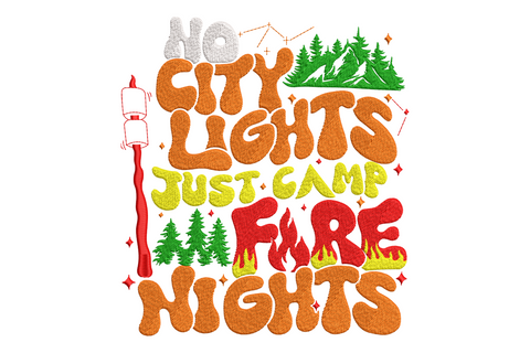 No City Lights Just Camp Fire Nights embroidery badge with campfire, pine trees and arched lettering in navy and orange.