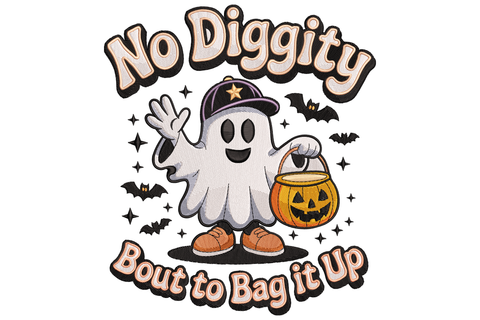 Funny cartoon halloween ghost hugging overflowing trick-or-treat bag with jack-o-lantern face, mischievous grin, bold text lettering, white and orange tones, halloween embroidery design.
