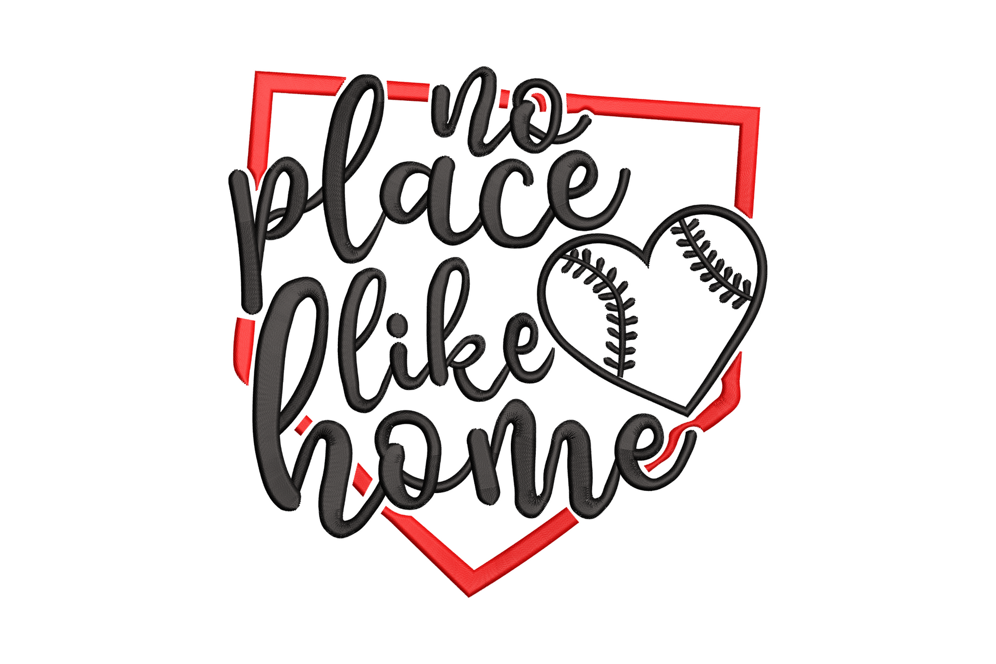 No Place Like Home baseball embroidery design with arched block lettering over a home plate silhouette, 2 colours, 5 sizes from 3.46 to 7.4 inches wide