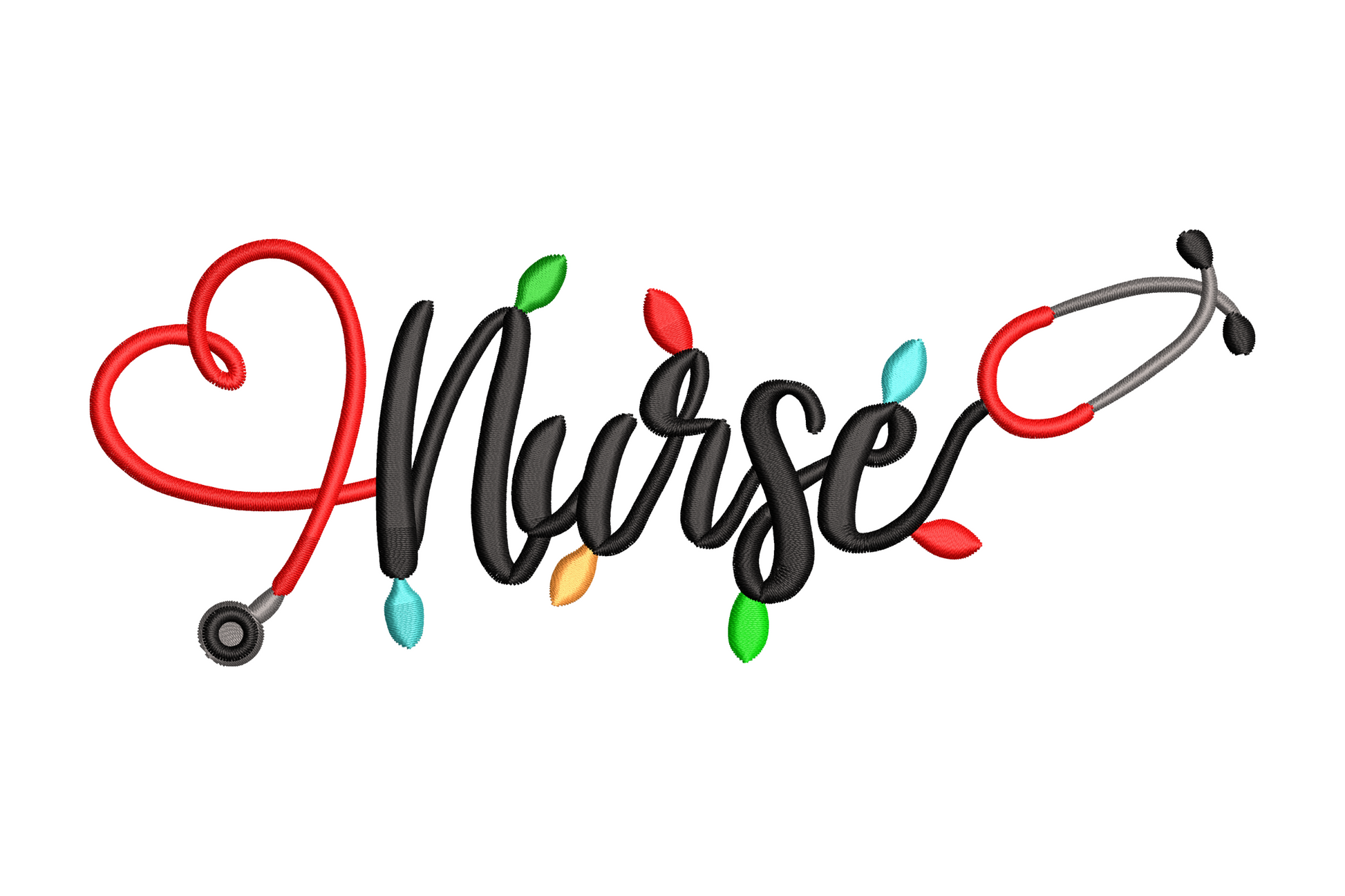 Nurse script lettering with heart-shaped stethoscope and colourful Christmas light bulbs embroidery design