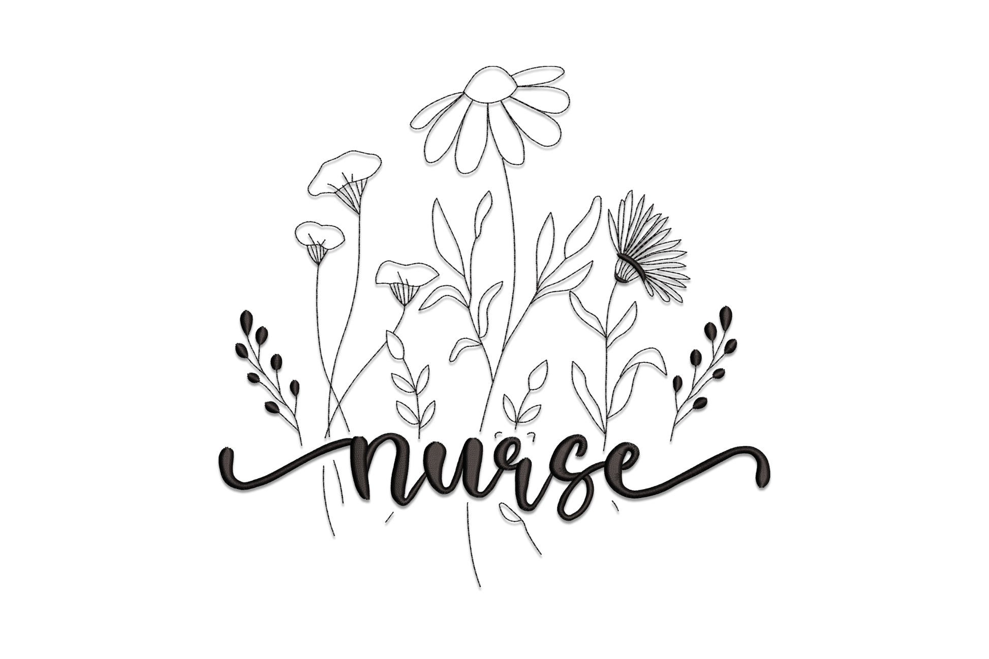 Nurse floral line art embroidery design, single colour outline nurse figure with botanical florals, minimalist.